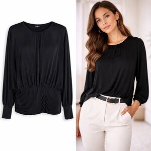 NWOT Express Black Ruched Waist Blouse Elegant Draped Top Size L